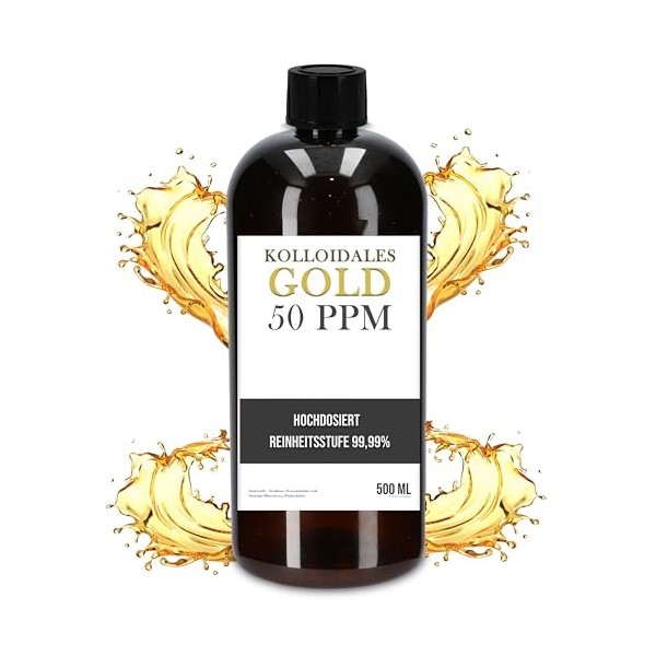 Colloïde dor colloïdal 50 PPM - 500 ml - Action limitée - Eau dor mono-atomique Manna Colloidal Gold - Qualité allemande