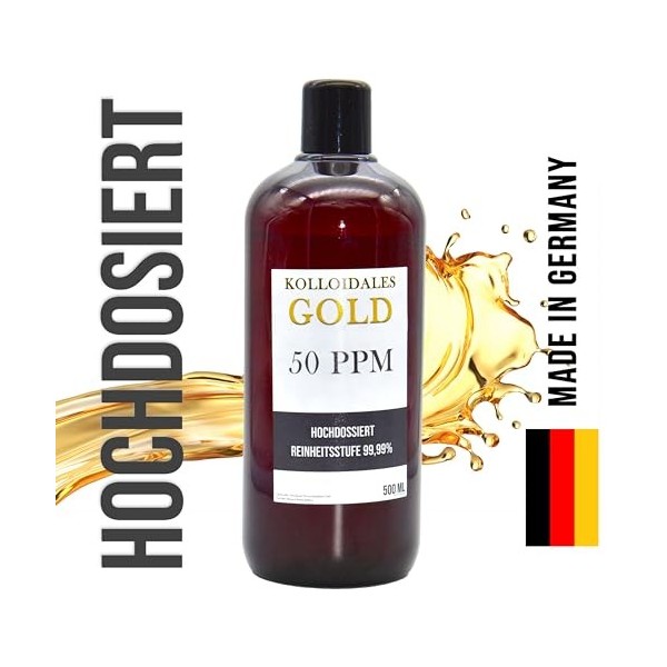 Colloïde dor colloïdal 50 PPM - 500 ml - Action limitée - Eau dor mono-atomique Manna Colloidal Gold - Qualité allemande
