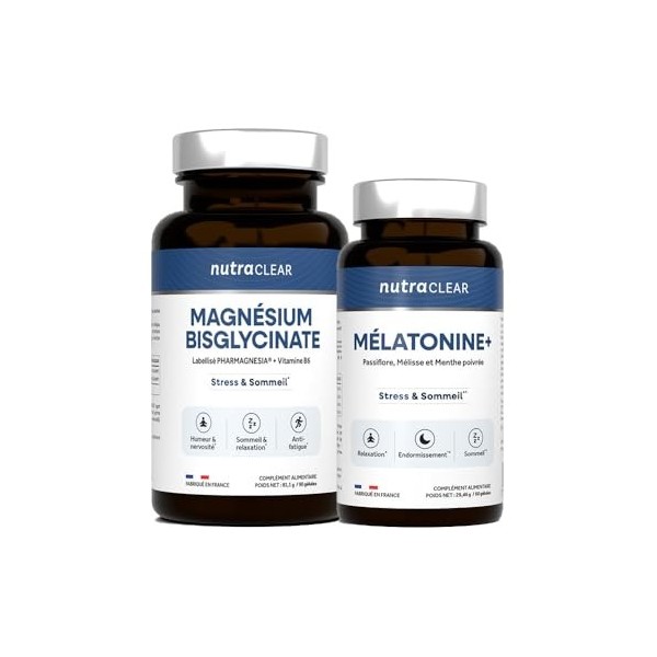 Nutraclear | Pack Sommeil - Magnésium, Mélatonine | Routine du soir : magnésium + mélatonine en formats simples et pratiques