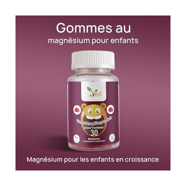 Gommes de magnésium pour enfants, 15 jours dapprovisionnement, saveur naturelle de framboise, 30 gommes végétaliennes à mâch