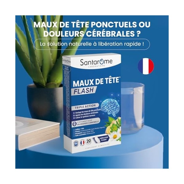 Santarome - Maux de Tête Flash - Triple Action - tête lourde - Grande Camomille fortement dosée - Libération Flash - Caféine,