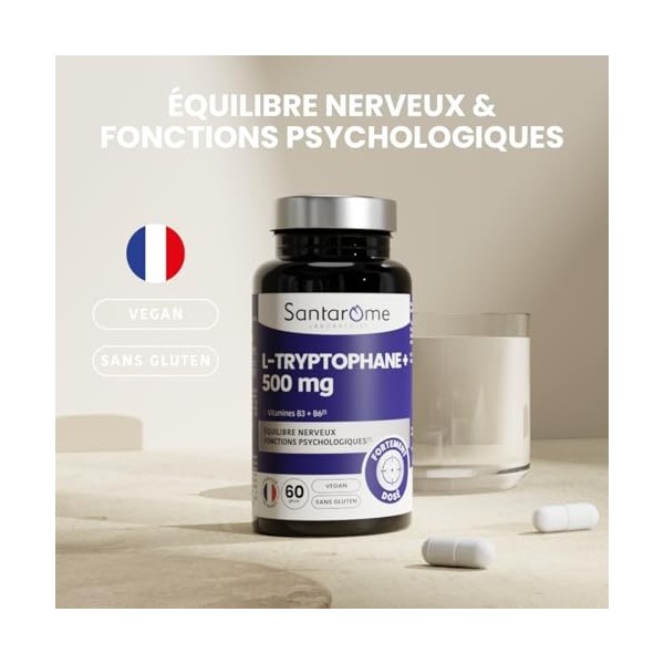Santarome - L-Tryptophane 500 mg – Équilibre Nerveux & Fonctions Psychologiques – Avec Vitamines B3 & B6 – Forte Dose – Vegan