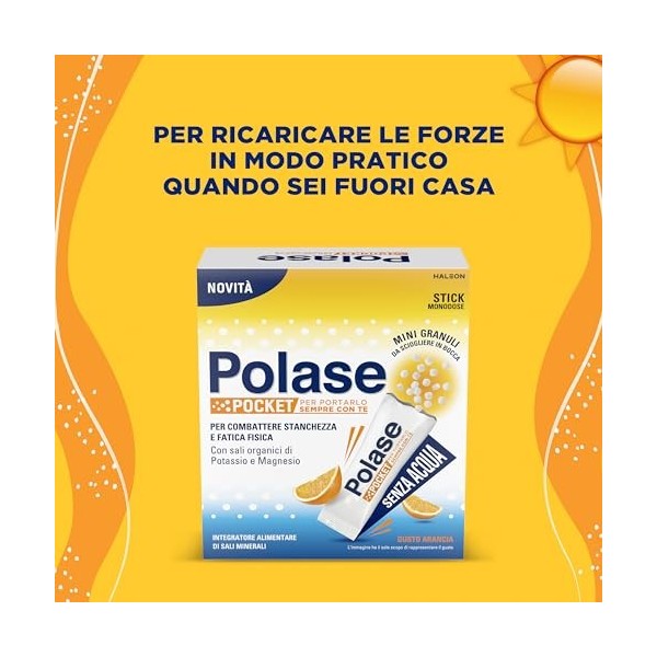 Polase Pocket, Complément alimentaire de magnésium et de potassium à prendre sans eau, contre fatigue et fatigue, chaud, goût