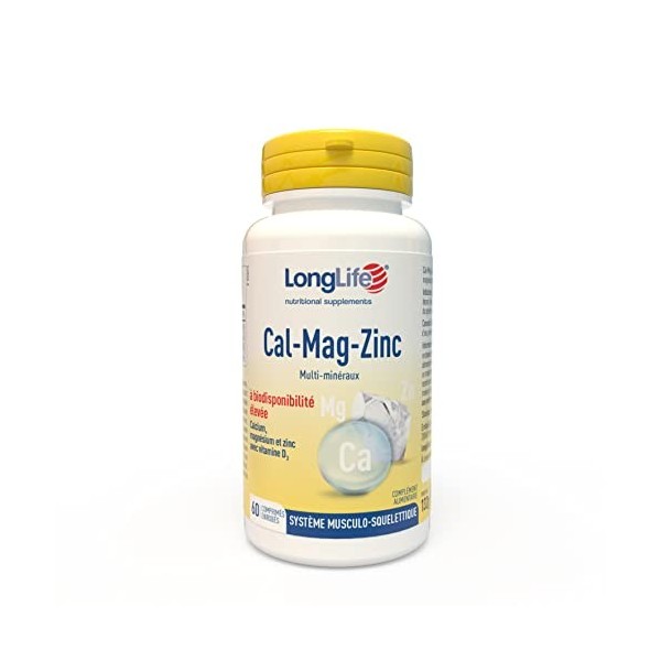 LongLife® Cal-Mag-Zinc | Calcium magnésium et zinc avec vitamine D | Biodisponibilité élevée | Aide le système nerveux et la 