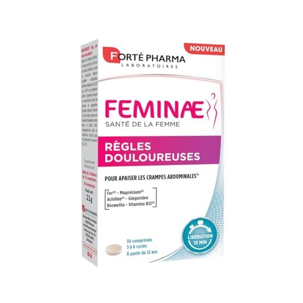 Forté Pharma - Feminae Règles Douloureuses - Dès 12 ans - Achillée, fer, magnésium, gingembre - Complément alimentaire - Conf