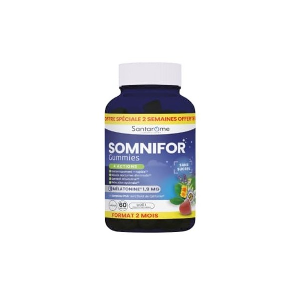 Santarome Bio - Somnifor - Gummies Sommeil - Mélatonine 1,9 mg, Plantes et Huiles Essentielles - Endormissement rapide, somme