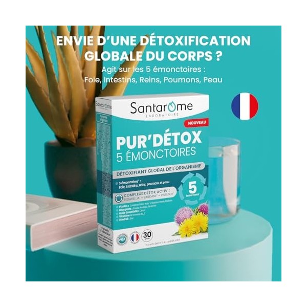 Santarome - Pur’Détox 5 Émonctoires - Détoxifiant Foie, Intestins, Reins, Poumons, Peau - Digestion & Drainage - Complexe Dét...