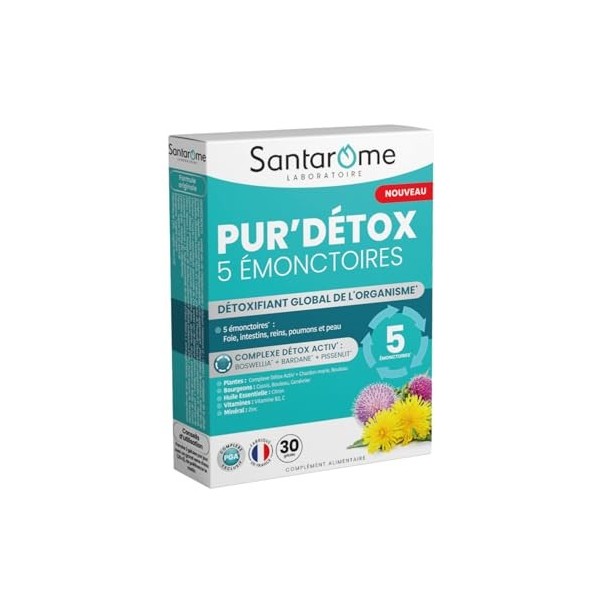 Santarome - Pur’Détox 5 Émonctoires - Détoxifiant Foie, Intestins, Reins, Poumons, Peau - Digestion & Drainage - Complexe Dét...