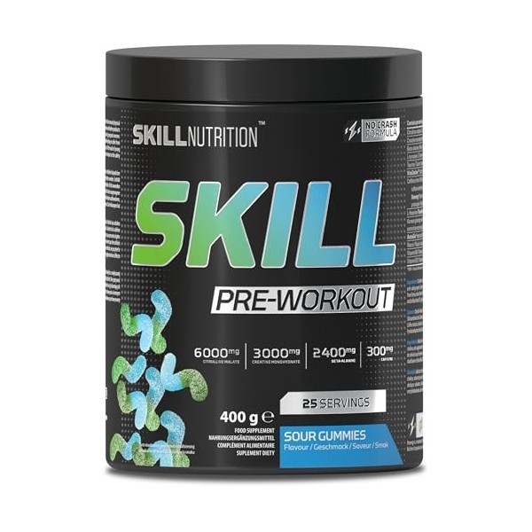 SKILL Nutrition Pre-Workout Sour Gummies - Formule sans crash avec caféine à libération prolongée | Xtenergy®, TheaGreen™, Vi