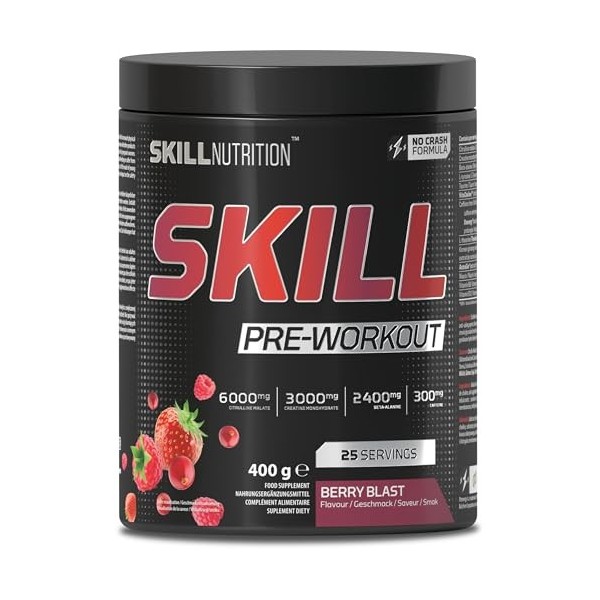 SKILL Nutrition Pre-Workout Berry Blast - Formule sans crash avec caféine à libération prolongée | Xtenergy®, TheaGreen™, Vit