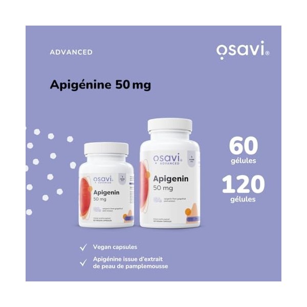 Osavi Apigénine 50 mg – 120 Gélules Véganes | Extrait d’écorce de pamplemousse standardisé 90% apigénine | Bioflavonoïde d’