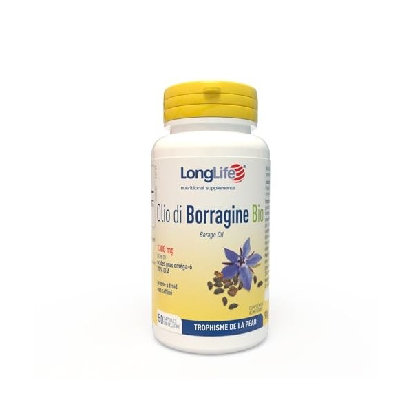 LongLife® Olio di Borragine Bio 1300 | Complément huile de bourrache titré à 20 % en GLA | Oméga‑6 | Beauté de la peau et con