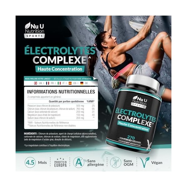Complexe dÉlectrolytes - 270 Comprimés Véganes Sans Arôme, avec Sodium, Potassium, Magnésium & Phosphate de Calcium - Convie