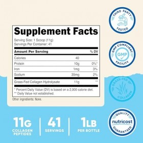 Poudre de collagène nourri à lherbe Nutricost 1 lb 454 g - Hydrolysat de collagène bovin sans parfum - Peptides de