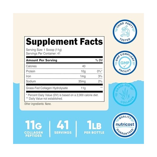 Poudre de collagène nourri à lherbe Nutricost 1 lb 454 g - Hydrolysat de collagène bovin sans parfum - Peptides de