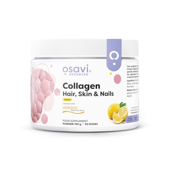 Osavi Collagen Hair, Skin & Nails – 150 g en poudre | Saveur citron | Peptides VERISOL® pour la densité des cheveux, lélasti