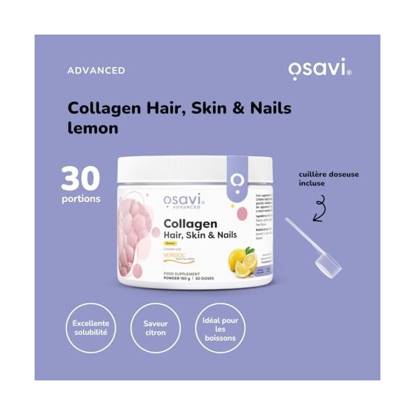 Osavi Collagen Hair, Skin & Nails – 150 g en poudre | Saveur citron | Peptides VERISOL® pour la densité des cheveux, lélasti