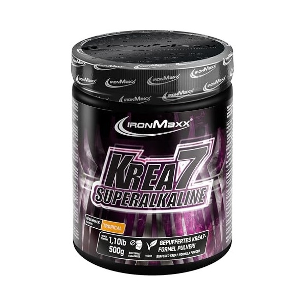 IronMaxx Krea7 Superalkaline Poudre de Créatine - Tropical 500g Boîte | Formule à 7 composants haute dose | Végan & Sans sucr