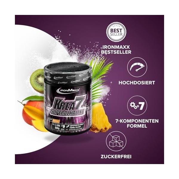 IronMaxx Krea7 Superalkaline Poudre de Créatine - Tropical 500g Boîte | Formule à 7 composants haute dose | Végan & Sans sucr