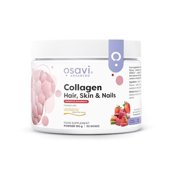 Osavi Collagen Hair, Skin & Nails – 150 g en poudre | Saveur rhubarbe & fraise | Peptides VERISOL® pour la densité des cheveu