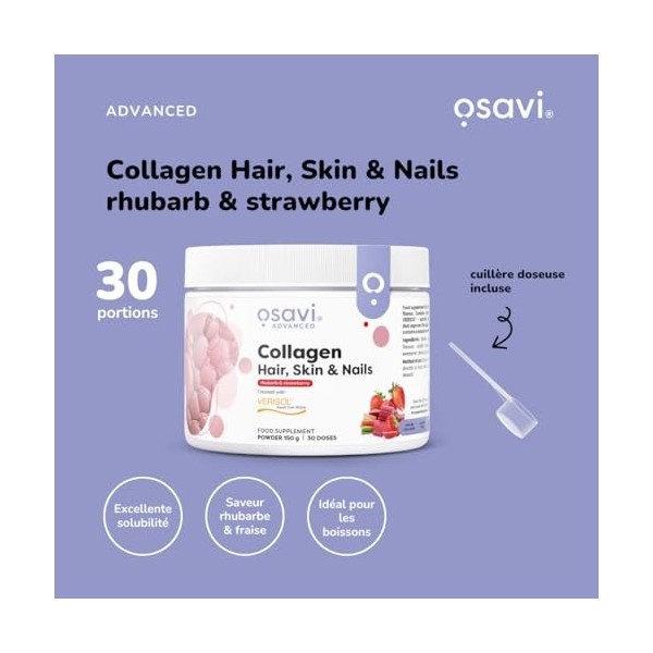 Osavi Collagen Hair, Skin & Nails – 150 g en poudre | Saveur rhubarbe & fraise | Peptides VERISOL® pour la densité des cheveu