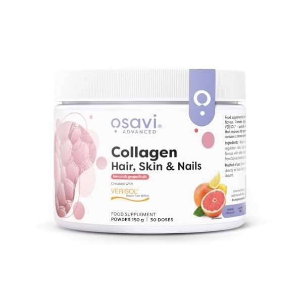 Osavi Collagen Hair, Skin & Nails – 150 g en poudre | Saveur citron & pamplemousse | Peptides VERISOL® pour la densité des ch