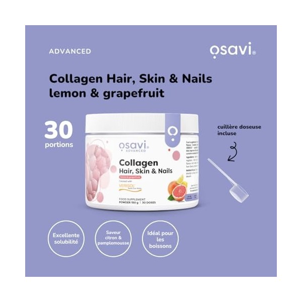 Osavi Collagen Hair, Skin & Nails – 150 g en poudre | Saveur citron & pamplemousse | Peptides VERISOL® pour la densité des ch