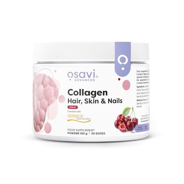 Osavi Collagen Hair, Skin & Nails – 150 g en poudre | Saveur cerise | Peptides VERISOL® pour la densité des cheveux, lélasti