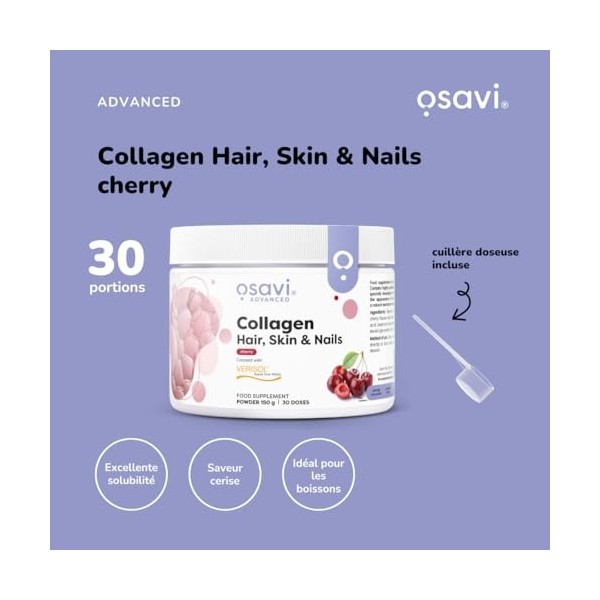 Osavi Collagen Hair, Skin & Nails – 150 g en poudre | Saveur cerise | Peptides VERISOL® pour la densité des cheveux, lélasti