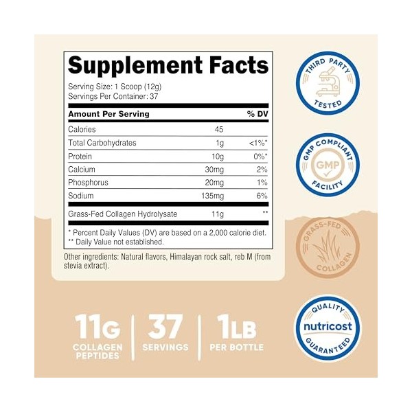 Poudre de collagène nourri à lherbe Nutricost, saveur vanille, 1 livre