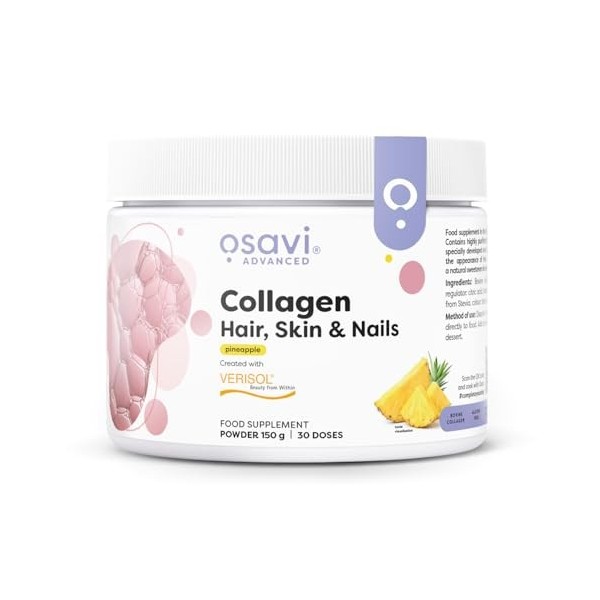 Osavi Collagen Hair, Skin & Nails – 150 g en poudre | Saveur ananas | Peptides VERISOL® pour la densité des cheveux, lélasti
