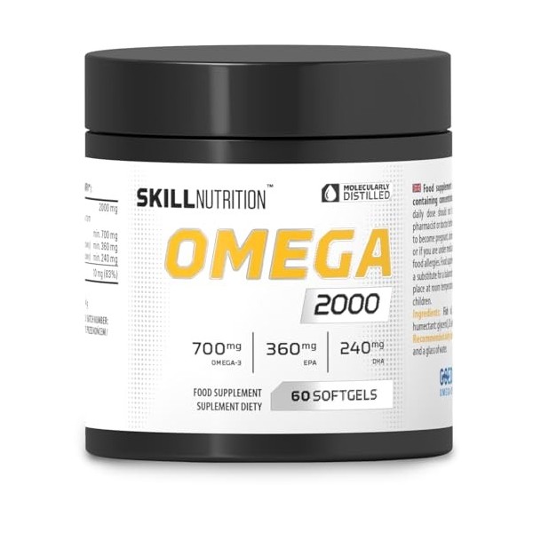 SKILL Nutrition Omega 2000-60 gélules | 2000 mg dhuile de poisson oméga-3 | 800 mg dEPA + 400 mg de DHA par portion | Ultra