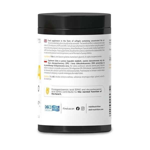 SKILL Nutrition Omega 2000-90 gélules | 2000 mg dhuile de poisson oméga-3 | 800 mg dEPA + 400 mg de DHA par portion | Ultra