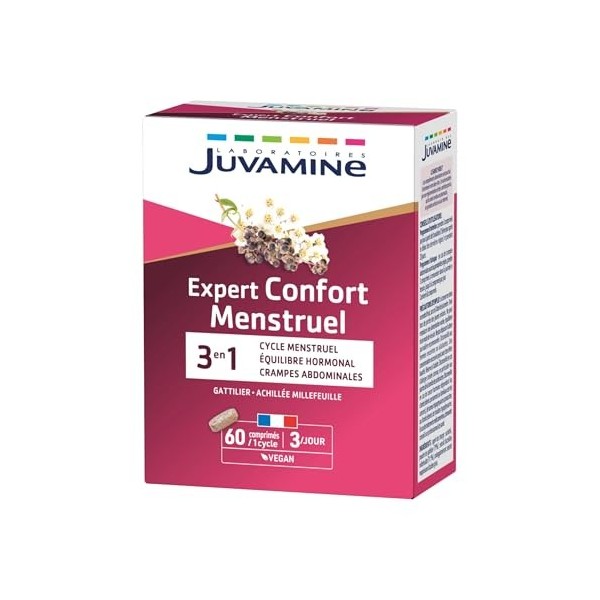 Juvamine - Expert Confort Menstruel 3-en-1 - Cycle et Équilibre Hormonal - Réduit Crampes Abdominales, SPM - 60 Comprimés - 1