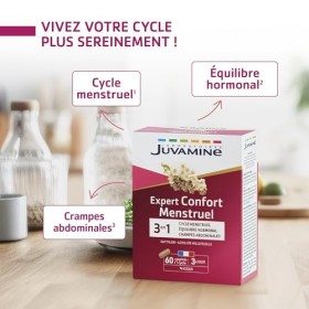 Juvamine - Expert Confort Menstruel 3-en-1 - Cycle et Équilibre Hormonal - Réduit Crampes Abdominales, SPM - 60 Comprimés - 1