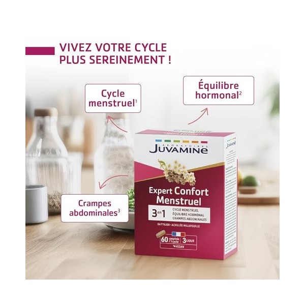 Juvamine - Expert Confort Menstruel 3-en-1 - Cycle et Équilibre Hormonal - Réduit Crampes Abdominales, SPM - 60 Comprimés - 1