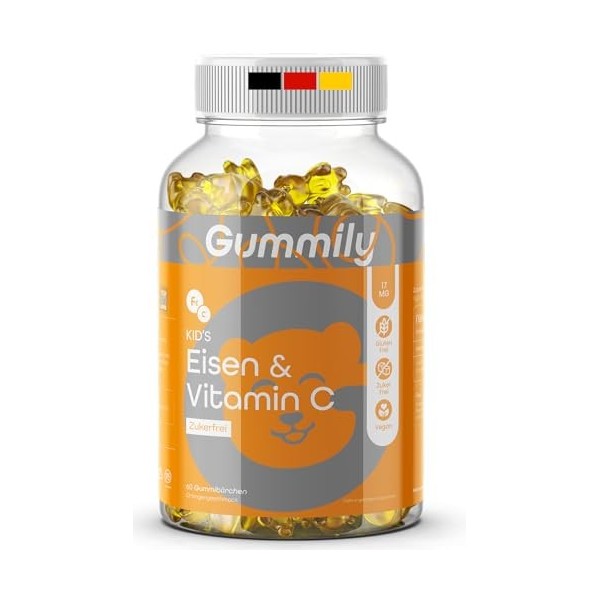 Gummily Fer et vitamine C pour enfants - Sans sucre et végétalien - Délicieux goût dorange sans arrière-goût métallique - Ha