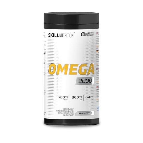 SKILL Nutrition Omega 2000-120 gélules | 2000 mg dhuile de poisson oméga-3 | 800 mg dEPA + 400 mg de DHA par portion | Ultr