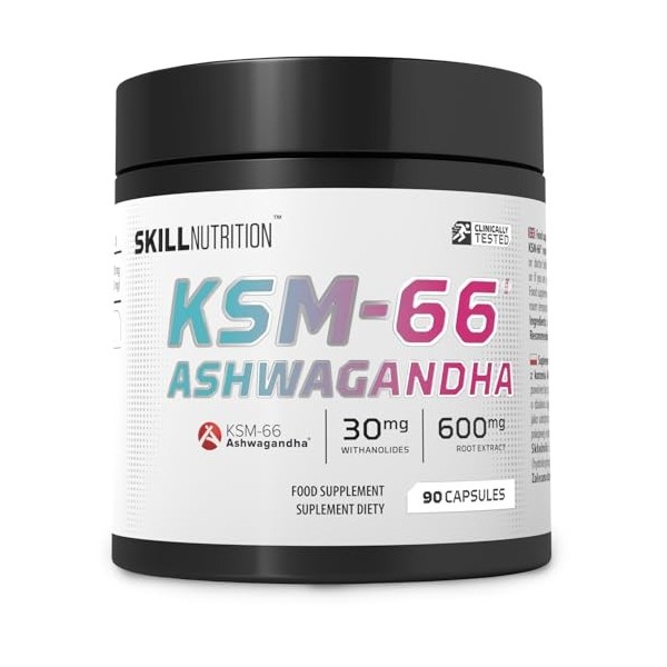 SKILL Nutrition Ashwagandha KSM-66-90 Capsules végétaliennes | 600 mg dextrait de racine standardisé | Haute biodisponibilit