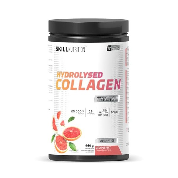SKILL Nutrition Collagène hydrolysé de type I et III | Saveur pamplemousse | Peptides de collagène hautement biodisponibles |