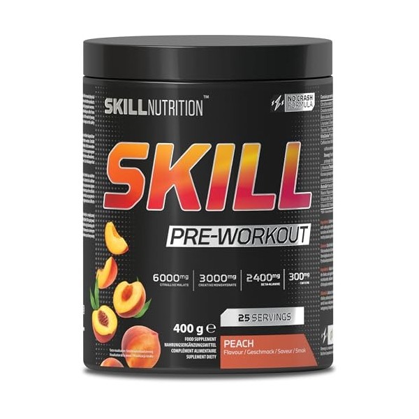 SKILL Nutrition Pre-Workout Peach - Formule sans crash avec caféine à libération prolongée | Xtenergy®, TheaGreen™, Vitacholi