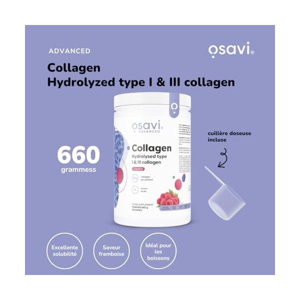 Osavi Collagène Hydrolysé Type I & III – 660 g Poudre | Saveur framboise | 20 g de peptides par portion | 18 acides aminés do