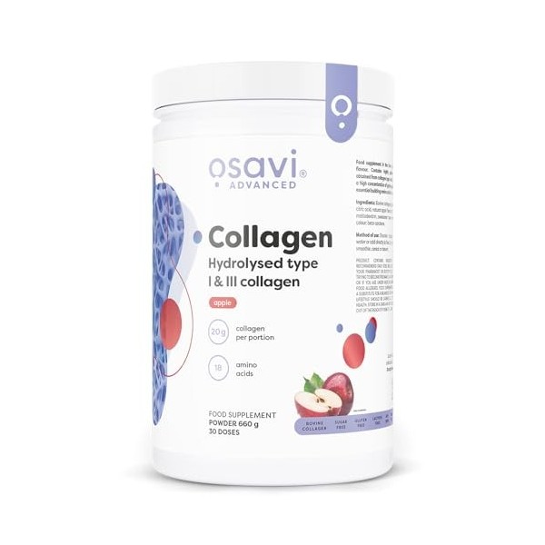 Osavi Collagène Hydrolysé Type I & III – 660 g Poudre | Saveur pomme | 20 g de peptides par portion | 18 acides aminés dont g
