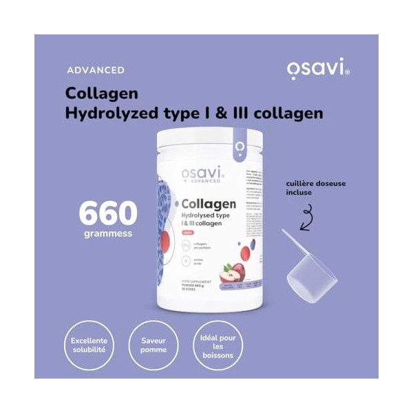 Osavi Collagène Hydrolysé Type I & III – 660 g Poudre | Saveur pomme | 20 g de peptides par portion | 18 acides aminés dont g