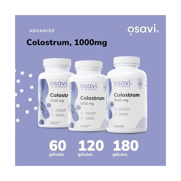 Osavi Colostrum 1000 mg – 180 gélules | Colostrum bovin hautement concentré contenant 30% dimmunoglobulines G | Provenant de