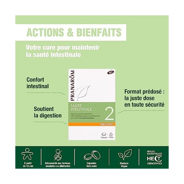 PRANARÔM - Oléocaps 2 - Santé Intestinale - Aux Huiles Essentielles Ciblées - Origan, Canelle de Chine, Menthe poivrée & Citr
