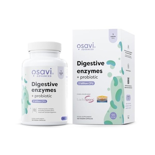 Osavi Enzymes Digestives + Probiotique – 120 Gélules Végétales | DigeZyme® + LactoSpore® | 7 enzymes digestives avec papaïne 