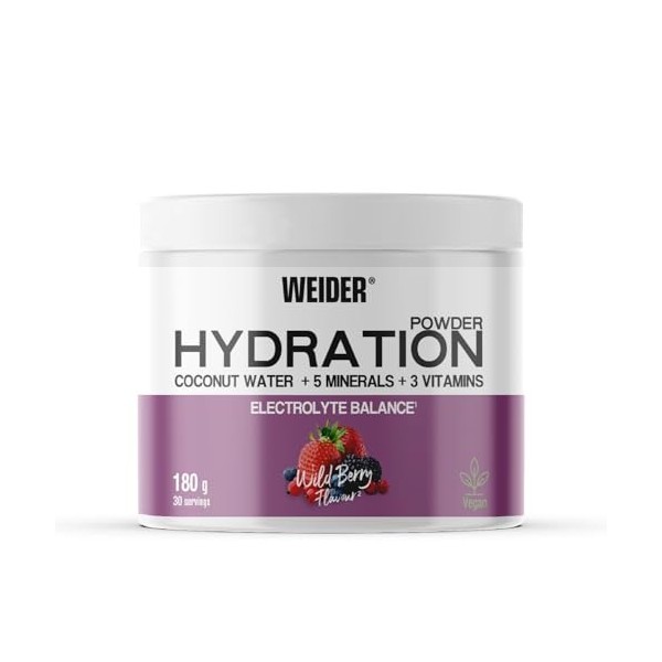 Weider Hydration Powder 180g Goût fruits des bois, Poudre pour Boisson Instantanée à lEau de Coco, 5 Minéraux, 3 Vitamines Mu...
