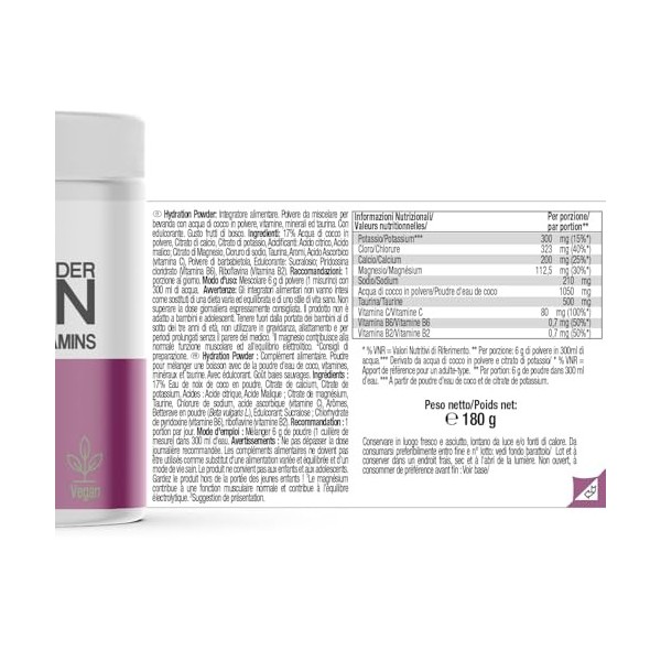 Weider Hydration Powder 180g Goût fruits des bois, Poudre pour Boisson Instantanée à lEau de Coco, 5 Minéraux, 3 Vitamines Mu...