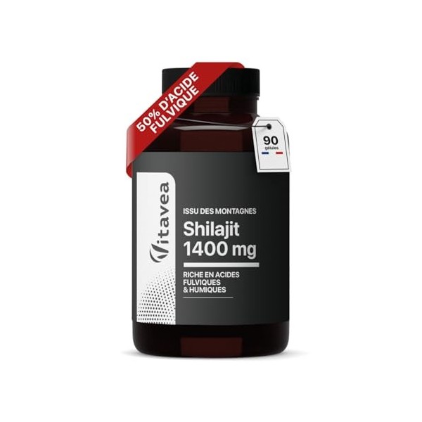 Shilajit 1400mg - Shilajit Pur de lHimalaya - Hautement dosé en Acides Fulviques 50% et Acides Humiques 12% - Immunité, 